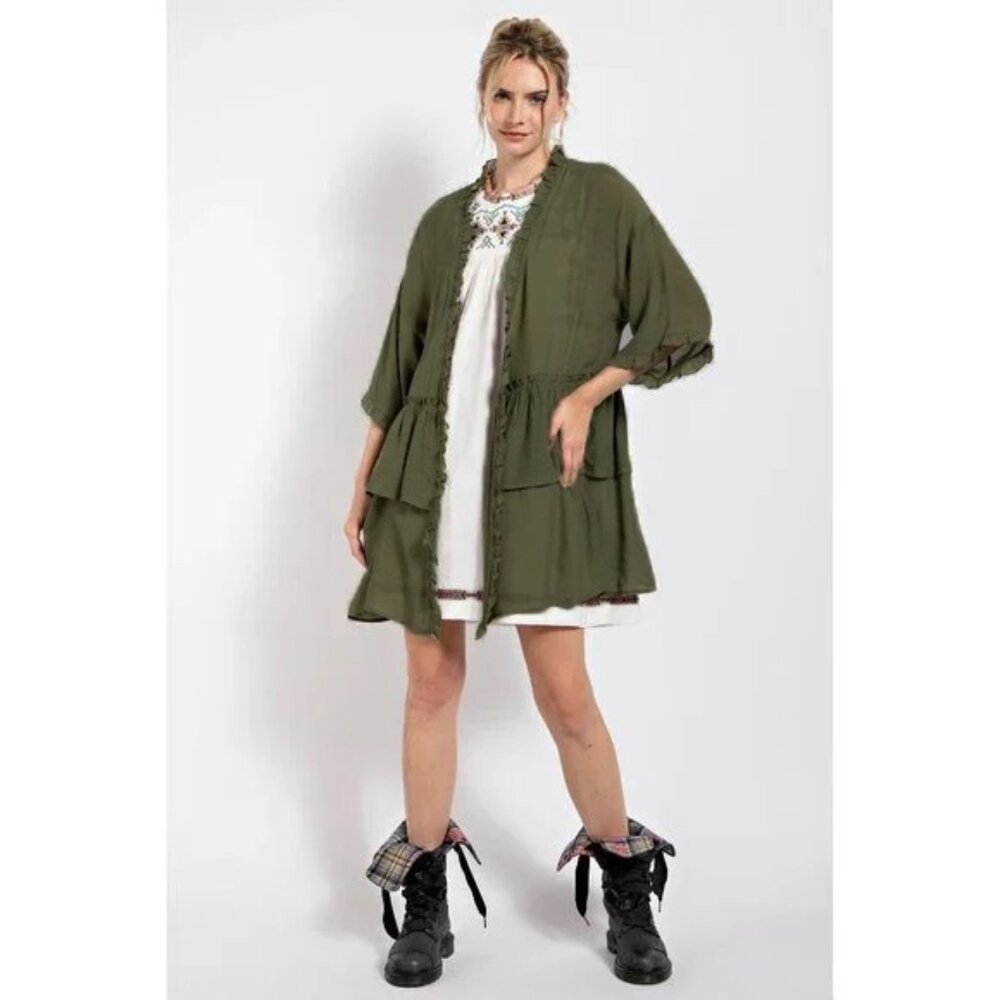 Easel Sage Semi Sheer Double Ruffled Long Open Front Cardigan Medium - Picture 2 of 9
